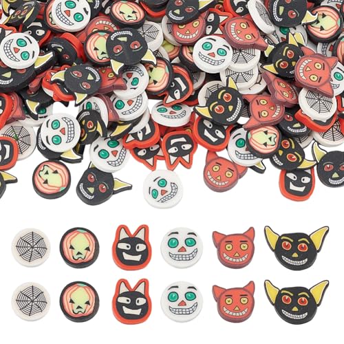 arricraft 240 Stück Halloween Cabochons Mit Flacher Rückseite. 6 Stil Verzierungen Aus Polymer Ton Geister Und Spinnennetz Kürbis Anhänger Flache Runde Ornamente Perlen Für Die Herstellung von arricraft