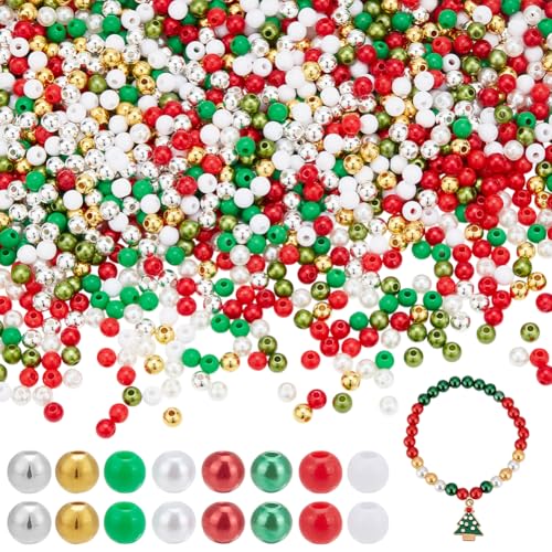 arricraft 2400 Stück Weihnachtsperlen, 8 Farben, 4 mm, Acryl, runde Kunstperlen, Rot, Grün, Gold, Weiß, Kunststoff, lose Abstandshalter, kleine Perlen für Schmuckherstellung, DIY, Basteln, Ohrringe von arricraft