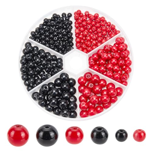 arricraft 350 Stück Glasperlen, 3 Größen, Rot, Schwarz, Rund, Backlackiert, Perlmuttartig Glänzend, Satinperlen, Bastelperlen, Tschechische Runde Lose Perlen Für DIY-Halskette, Armband von arricraft