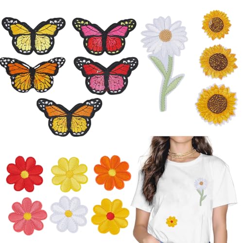 arricraft 38 Stück Schmetterling und Blume zum Aufbügeln, Frühlingsmotiv, Stoff, bestickt, selbstklebend, Sonnenblumen, Gänseblümchen, Blumen, Formen für Kleidung, DIY-Zubehör, Kleidung, Dekoration von arricraft