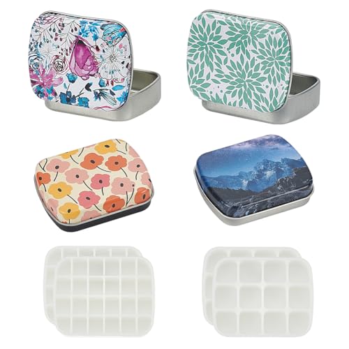 arricraft 4 Sets leere Mini-Aquarell-Blechboxen, 4 Stile, mattiertes bedrucktes Weißblech, Schmuck-Aufbewahrungsboxen mit Scharnierdeckel mit 4 Stück 2 Stilen, Kunststoffgitter, Perlenbehälter für von arricraft