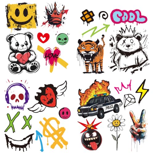 arricraft 4 Stück Aufnäher Zum Aufbügeln Im Graffiti Stil Graffiti Bär Herz Krone Gesicht Wärmeübertragung Aufkleber PET Waschbare Patches Für DIY Kleidung Hut Jeans Jacke Dekor 9.05 Zoll (23cm) Lang von arricraft