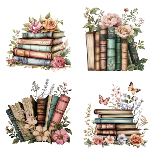 arricraft 4 Stück Bücher Thema Wärmeübertragungsfolie Logo Aufkleber Set 4 Stile Bücher Blumen Schmetterling Wärmeübertragung Aufkleber Eisen Auf Aufkleber Für T Shirts Patches Taschen Hüte DIY von arricraft