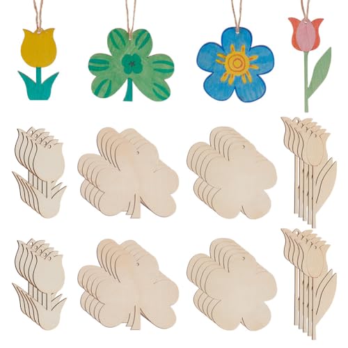 arricraft 40 Stück 4 Stile Holz Blume Klee Dekorative Malerei DIY Blank Unvollendet Farbig Blume Ausschnitt Holzstück Handwerk für Home Party Hängende Dekoration Zubehör von arricraft