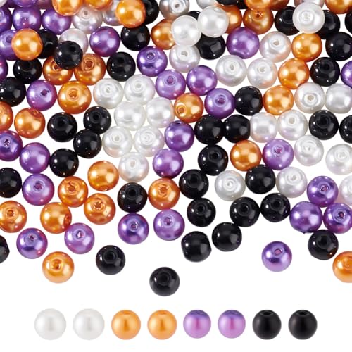 arricraft 400 Stück Halloween Perlen 6mm 4 Farben Glas Rund Zum Backen Bemalt Perlmuttfarbene Perlen Bunte Lose Abstandsperlen Kleine Perlen Zur Schmuckherstellung DIY Basteln Ohrringe von arricraft