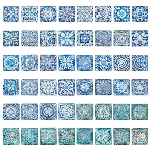 arricraft 48 Stück Glas Cabochons Mit Mosaik Aufdruck 25mm (1 Zoll) Quadratische Flache Cabochonperlen Aus Glas Quadratisch Mit Bodenfliesenmuster Cabochons Zum Basteln von DIY Schmuck von arricraft
