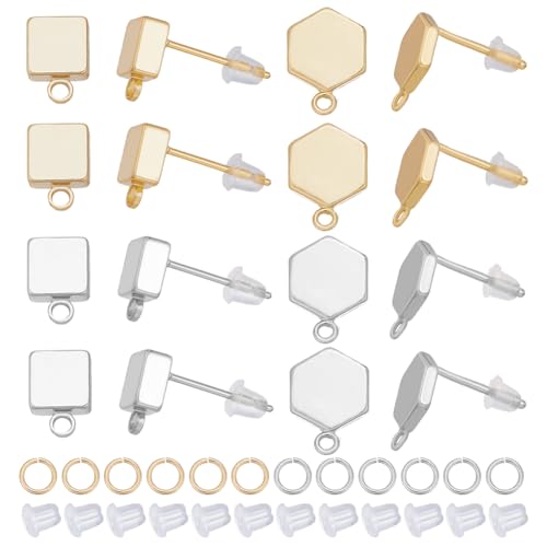 arricraft 56 Stück flache runde Ohrstecker mit Schlaufe, 14 Karat vergoldet und silberfarbenes Messing, quadratische und sechseckige Ohrstecker zur Herstellung von Ohrmuttern für DIY-Schmuck arricraft 56 Stück flache runde Ohrstecker mit Schlaufe, 14 Karat vergoldet und silberfarbenes Messing, quadratische und sechseckige Ohrstecker zur Herstellung von Ohrmuttern für DIY-Schmuck von arricraft