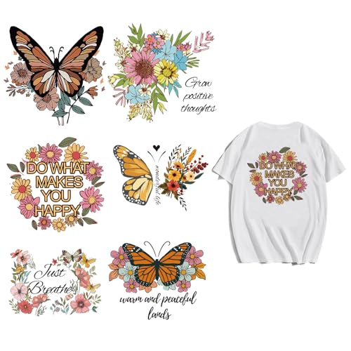 arricraft 6 Blatt Aufnäher Zum Aufbügeln Mit Schmetterlings Und Blumenmotiv 6 Größe „Just Breath“ Bügelaufkleber Aus PET Waschbar Wärmeübertragungsaufkleber Applikationen Für Frauen von arricraft