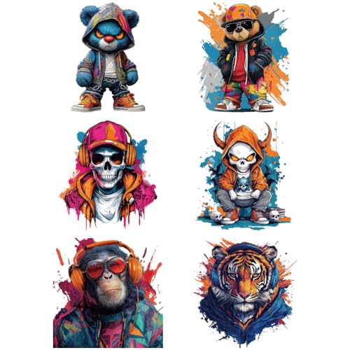 arricraft 6 Blatt Graffiti Tier Sticker Zum Aufbügeln Aus Stoff Bären Totenköpfe Gorillas Wärmeübertragungsaufkleber Aufkleber Für Selbstgemachte T Shirts Jeans Rucksäcke Familien Kleidung Hüte von arricraft