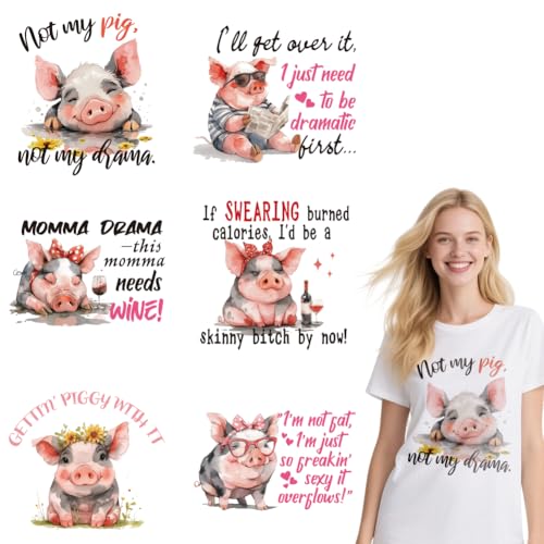 arricraft 6 Bögen lustige Schweine-Motiv-Aufbügelaufkleber, niedliche Schweinchen-Aufdruck-Transferaufkleber für DIY-T-Shirts, Jeans, Rucksäcke, Familienkleidung und Hutdekoration von arricraft