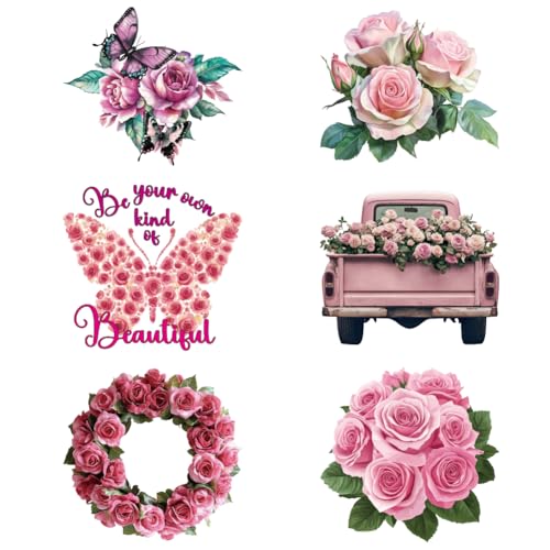 arricraft 6 Stück Blumen Thema Wärmeübertragung Film Logo Aufkleber Set 6 Stile Rosa Rosen Schmetterling LKW Wärmeübertragung Aufkleber Eisen Auf Aufkleber Für T Shirts Patches Taschen Hüte von arricraft