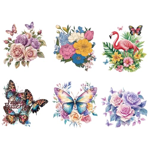 arricraft 6 Stück Frühlings Und Sommerthema Wärmeübertragungsfolie Logo Aufkleber Set 6 Stile Blumen Schmetterlinge Flamingos Wärmeübertragung Aufkleber Eisen Auf Aufkleber Für T Shirts von arricraft