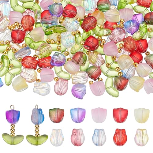 arricraft 600 Stück bunte durchscheinende Tulpenblumen-Perlen, handgefertigt, Kristallglas-Tulpen-Abstandshalter für Schmuckherstellung, Ohrringe, Armbänder, Bastelarbeiten, Frühling, Sommer von arricraft