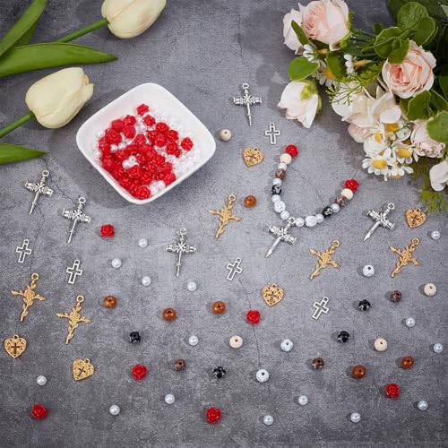 arricraft 650 Stück Kreuz Thema DIY Schmuckherstellungs Sets Rosenkreuz In Verschiedenen Farben Herzstück Kruzifix Anhänger Rosenkranz Herstellung Zubehör Für DIY Ohrringe Armbänder Halsketten Schmuck von arricraft