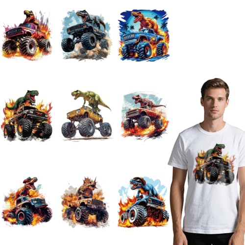 arricraft 9 Blatt Dinosaurier Truck Aufkleber Zum Aufbügeln Flammentiere Dinosaurier Druck Transferaufkleber Aufkleber Für DIY T Shirt Jeans Rucksäcke Familien Kleidung Hut Dekoration von arricraft