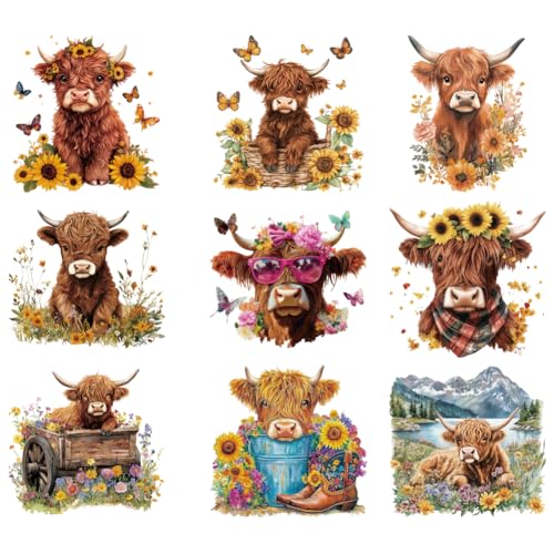 arricraft 9 Blatt Kunststoff Logo Aufkleber Zum Aufbügeln Wärmeübertragungsfolien Aufkleber Set Mit Highland Kuh Sonnenblumen Muster Für Selbstgemachte Hüte Jacken Shirts Taschen Vorhänge Dekorative von arricraft