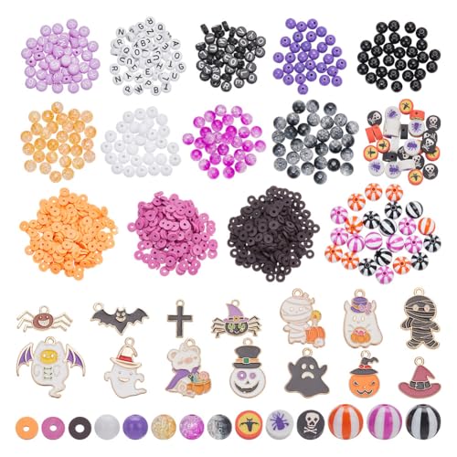 arricraft Ca. 1088 Stück Halloween-Themen-Perlen-Charm-Set, Lila-Orangefarbener Kürbis-Geisterschädel, Hexenhut, Emaille-Anhänger, Acryl-Buchstabenstreifen-Perlen, Scheibenperlen arricraft Ca. 1088 Stück Halloween-Themen-Perlen-Charm-Set, Lila-Orangefarbener Kürbis-Geisterschädel, Hexenhut, Emaille-Anhänger, Acryl-Buchstabenstreifen-Perlen, Scheibenperlen von arricraft