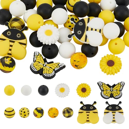 arricraft Ca. 55 Stück Silikon Blumenkäfer Perlen Für Stifte Perlen In Form von Schmetterlingen Bienen Und Sonnenblumen Runde Lose Perlen Cartoon Figuren Perlen Für Schlüsselanhänger Armbänder von arricraft