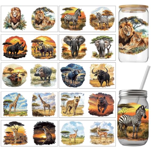 arricraft PVC Transferaufkleber Für Tassen Mit Afrikanischem Wildtiermuster 10 Stück Buntes Löwen Zebra Nashorn UV Wasserdichtes Tassen Aufkleber Set Für (28) ml Gläser Fenster Heimdekoration von arricraft
