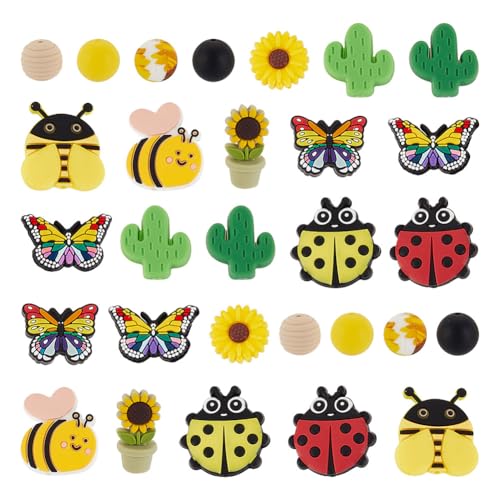 arricraft Silikon Brennperlen Mit Pflanzenwanzenmotiv 33 Stück Perlen In Form von Schmetterlingen Bienen Sonnenblume Und Kakteen. Cartoon Charakter Perlen. Lose Abstandsperlen Für Stifte von arricraft