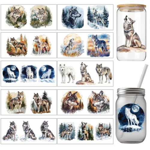 arricraft UV Transferpapier Für Tassen Mit Buntem Wolf Muster Und Kleinem Muster 10 Stück 10 Stile Wälder Rasenflächen Schneebedeckte Berge UV DTF Cup Wrap Aufkleber Für 16 OZ Glasbecher Handwerk von arricraft