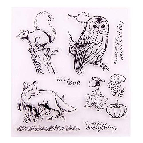 arriettycraft Stempel mit Aufschrift "Thanks Thinking of You", Eichhörnchen, Nüsse, Eule, Wolf, Pilz, transparent, für Kartenherstellung, Dekoration und DIY Scrapbooking von arriettycraft