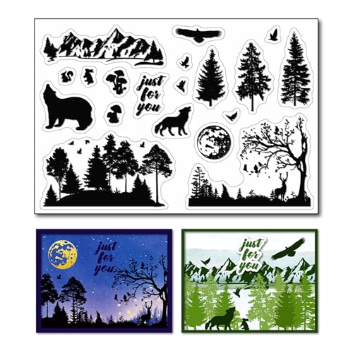 arriettycraft Transparente Stempel für Kartengestaltung oder Journaling, Silhouettenbäume, Wildtier-Gummistempel, Berglandschaft, Silikonstempel für Scrapbooking, Papierbasteln, Dekoration, A2239UK von arriettycraft
