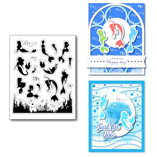 arriettycraft Transparente Stempel mit Meerjungfrau und Quallen für Kartenherstellung Jounaling Meeresfisch Meerjungfrauenschwanz Gummistempel für Kartenherstellung DIY Scrapbooking Basteln von arriettycraft