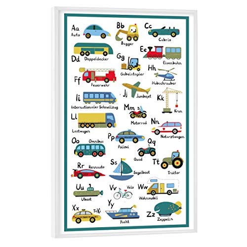 artboxONE Poster mit weißem Rahmen 45x30 cm Für Kinder ABC Lernposter Autos und Fahrzeuge - Bild ABC Alphabet Autos von artboxONE