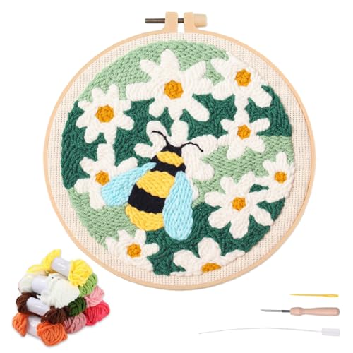 artcici Stanznadel-Set für Anfänger mit Blumen-Bienenmuster-Werkzeug und Garn, einfaches Sticken, Teppichhaken-Set (Weiße Blume) von artcici