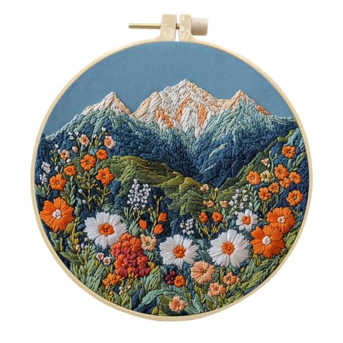 artcici Stickset, Schneegebirge, Orange und Weiß, Wildblumenmuster für Anfänger und Erwachsene, komplettes Stickerei-Starterset, Kreuzstich-Handarbeitszubehör (Orange) von artcici