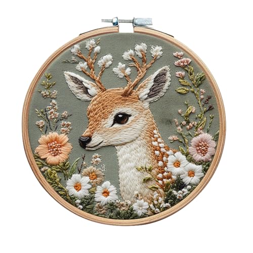 artcici Stickset, Tier, Hirsch, Blumenmuster für Anfänger und Erwachsene, komplettes Stickerei-Starter-Set, Kreuzstich, Handarbeitszubehör (Blume) von artcici