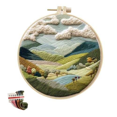 artcici Stickset, Wolken, Berge, ländliche Muster für Anfänger und Erwachsene, komplettes Stickerei-Starter-Set, Kreuzstich, Handarbeitszubehör (grün) von artcici