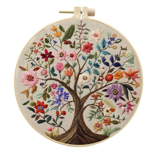artcici Stickset, bunte Blumen, Baum des Lebens, Muster für Anfänger und Erwachsene, komplettes Stickerei-Starter-Set, Kreuzstich, Handarbeitszubehör (Beige) von artcici