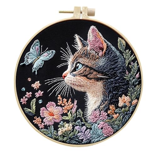 artcici Stickset, bunte Tier-Blumenmuster für Anfänger und Erwachsene, komplettes Stickerei-Starter-Set, Kreuzstich, Handarbeitszubehör (Katzen-Schmetterling) von artcici