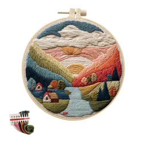 artcici Stickset, buntes Berghütten-Flussmuster für Anfänger und Erwachsene, komplettes Stickerei-Starter-Set, Kreuzstich, Handarbeitszubehör (Safran) von artcici