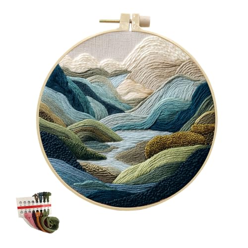 artcici Stickset, geschichtete Berge, Flussmuster für Anfänger und Erwachsene, komplettes Stickerei-Starter-Set, Kreuzstich, Handarbeitszubehör (blau) von artcici