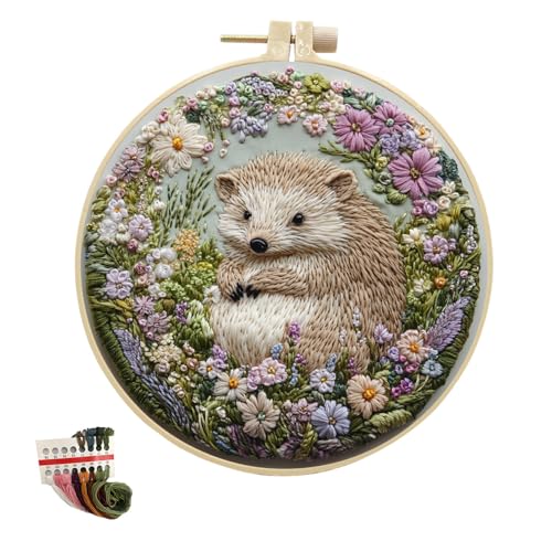 artcici Sticksets Tier- und Blumenmuster für Anfänger und Erwachsene, komplettes Stickerei-Starter-Set, Kreuzstich, Handarbeitszubehör (Igel) von artcici