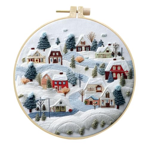artcici Sticksets Weihnachten Winterdorf Schneeszene Muster für Anfänger Erwachsene Vollständige Stickerei-Starter-Kits Kreuzstich Handarbeitszubehör (Alabaster) von artcici