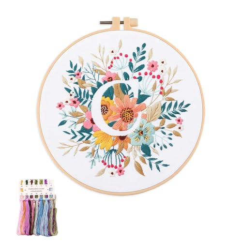 artcici Sticksets mit Pflanzenblumen,Muster für Anfänger und Erwachsene, komplettes Stickerei-Starter-Set, Kreuzstich-Handarbeitszubehör (Buchstabe C) von artcici