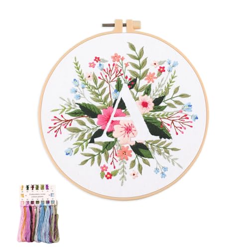 artcici Sticksets mit Pflanzenblumen,Muster für Anfänger und Erwachsene, komplettes Stickerei-Starter-Set, Kreuzstich-Handarbeitszubehör (Buchstabe A) von artcici