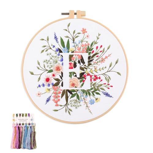 artcici Sticksets mit Pflanzenblumen,Muster für Anfänger und Erwachsene, komplettes Stickerei-Starter-Set, Kreuzstich-Handarbeitszubehör (Buchstabe E) von artcici