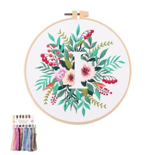 artcici Sticksets mit Pflanzenblumen,Muster für Anfänger und Erwachsene, komplettes Stickerei-Starter-Set, Kreuzstich-Handarbeitszubehör (Buchstabe I) von artcici