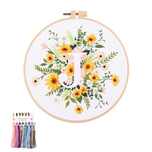 artcici Sticksets mit Pflanzenblumen,Muster für Anfänger und Erwachsene, komplettes Stickerei-Starter-Set, Kreuzstich-Handarbeitszubehör (Buchstabe J) von artcici