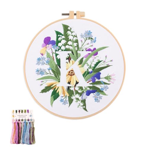 artcici Sticksets mit Pflanzenblumen,Muster für Anfänger und Erwachsene, komplettes Stickerei-Starter-Set, Kreuzstich-Handarbeitszubehör (Buchstabe K) von artcici