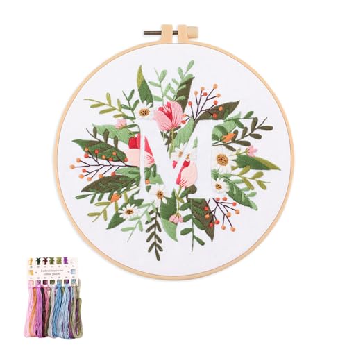 artcici Sticksets mit Pflanzenblumen,Muster für Anfänger und Erwachsene, komplettes Stickerei-Starter-Set, Kreuzstich-Handarbeitszubehör (Buchstabe M) von artcici
