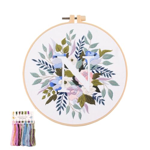 artcici Sticksets mit Pflanzenblumen,Muster für Anfänger und Erwachsene, komplettes Stickerei-Starter-Set, Kreuzstich-Handarbeitszubehör (Buchstabe N) von artcici