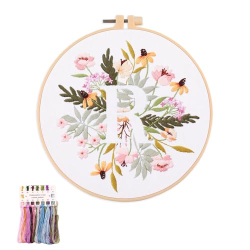 artcici Sticksets mit Pflanzenblumen,Muster für Anfänger und Erwachsene, komplettes Stickerei-Starter-Set, Kreuzstich-Handarbeitszubehör (Buchstabe R) von artcici