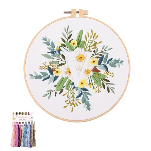artcici Sticksets mit Pflanzenblumen,Muster für Anfänger und Erwachsene, komplettes Stickerei-Starter-Set, Kreuzstich-Handarbeitszubehör (Buchstabe V) von artcici