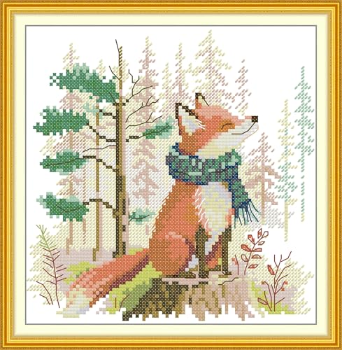 artcici Vorgedruckte Kreuzstich-Sets mit niedlichen Haustieren und Lebensthemen für Anfänger, 11 Karat DIY-Stickset mit sortierten Fäden, geprägten Mustern, Handarbeitsbedarf (Der Fuchs im Schal) von artcici